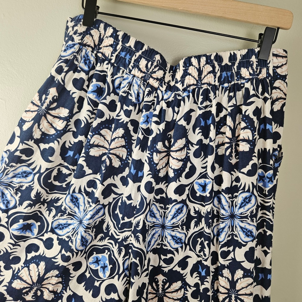 Rachel‎ Zoe Linen Blend Ikat Boho Wide Leg Crop Pants Sz L Blue Ivory Flowy - Picture 7 of 10